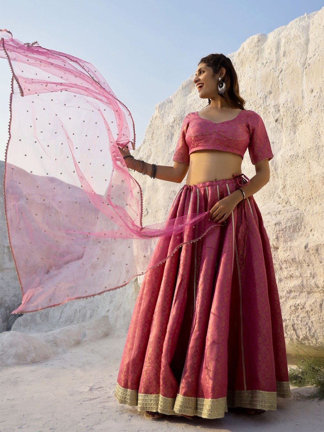 

Baisacrafts Mauve & Gold-Toned Lehenga & Blouse With Dupatta