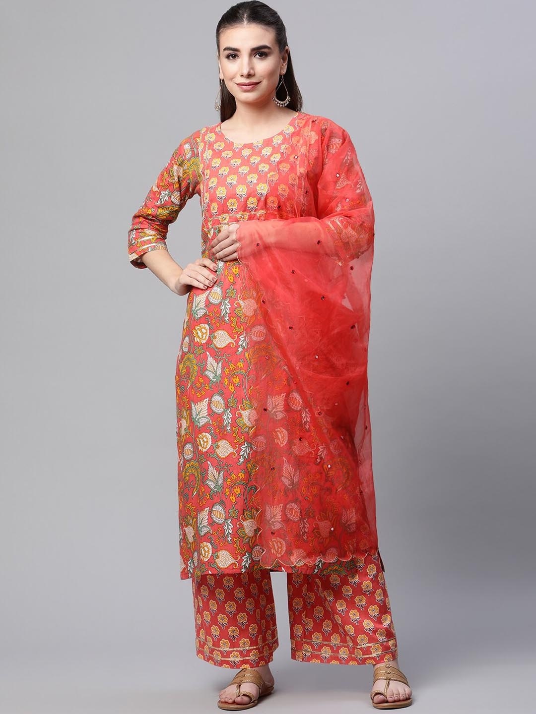 

SERONA FABRICS Women Peach-Coloured Floral Printed Pure Cotton Kurta with Palazzos & With Dupatta
