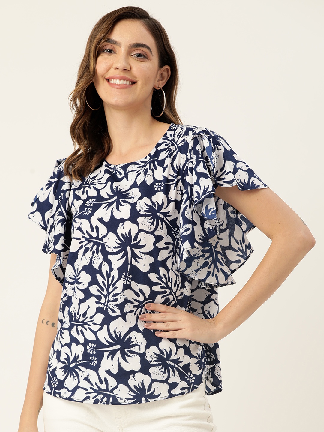 

ZIZO By Namrata Bajaj Navy Blue & White Floral Print Top