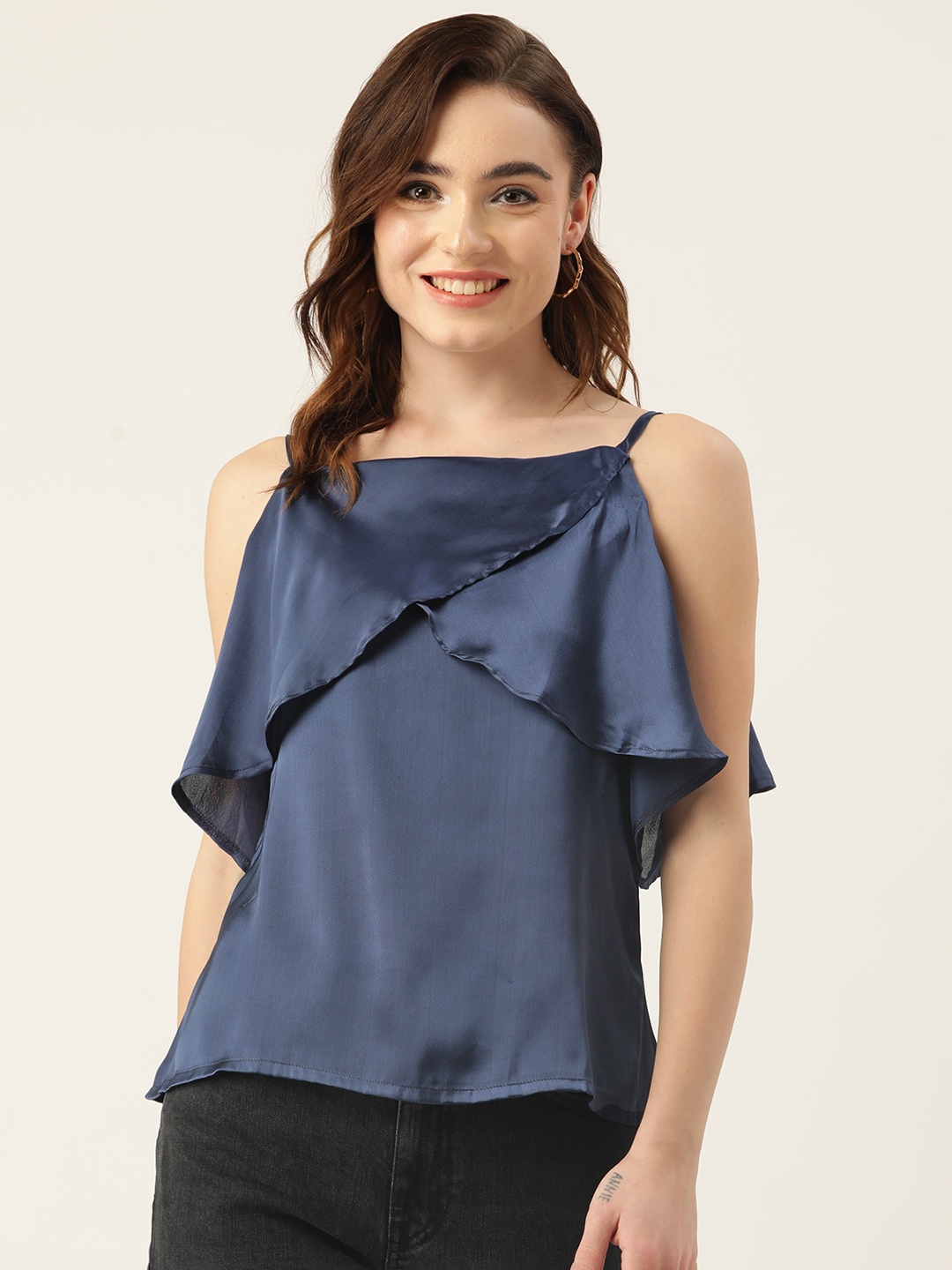 

ZIZO By Namrata Bajaj Navy Blue Solid Satin Regular Top