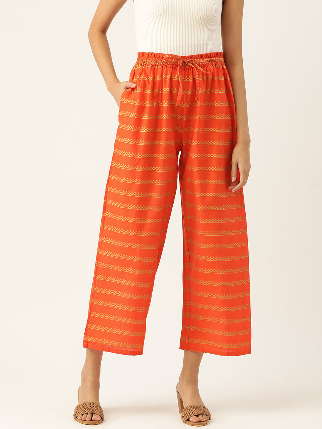 

ZIZO By Namrata Bajaj Women Orange Pure Cotton Printed Comfort Loose Fit Cropped Trousers