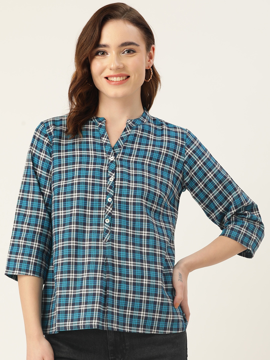 

ZIZO By Namrata Bajaj Blue & White Checked Regular Top