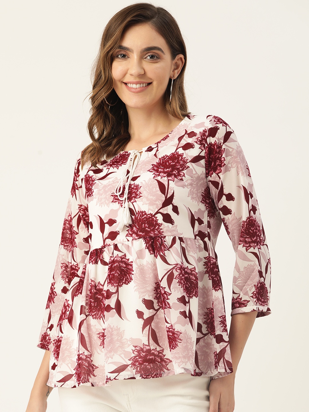 

ZIZO By Namrata Bajaj White & Red Floral Print Tie-Up Neck Empire Top