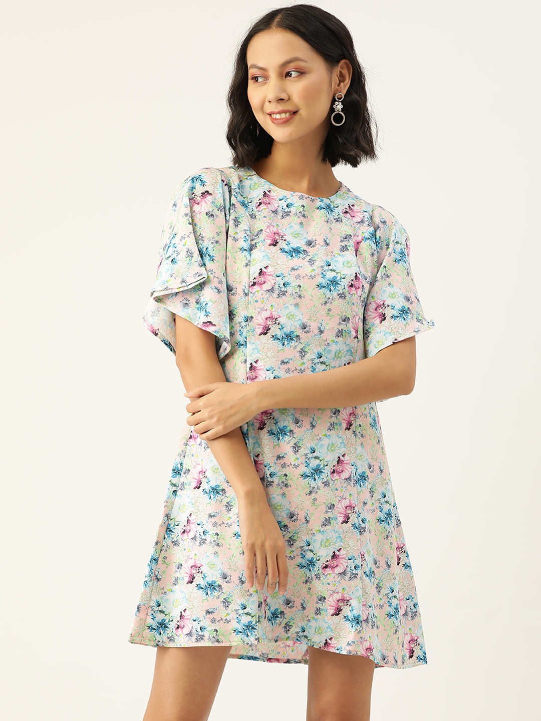 

ZIZO By Namrata Bajaj Peach-Coloured & Blue Floral Crepe A-Line Dress