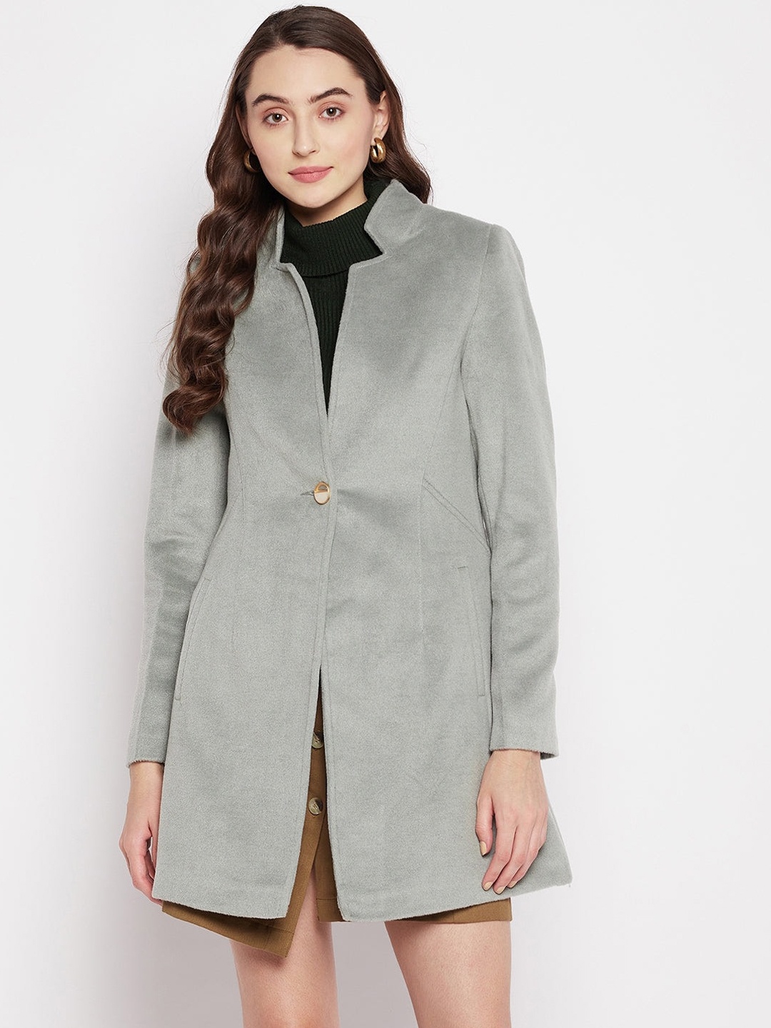 

Madame Women Green Cotton Hip Length Overcoats, Sea green