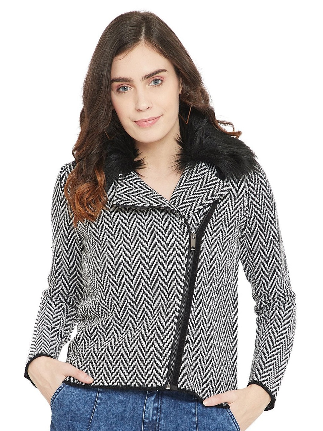 

Madame Women Black & White Chevron Printed Cardigan