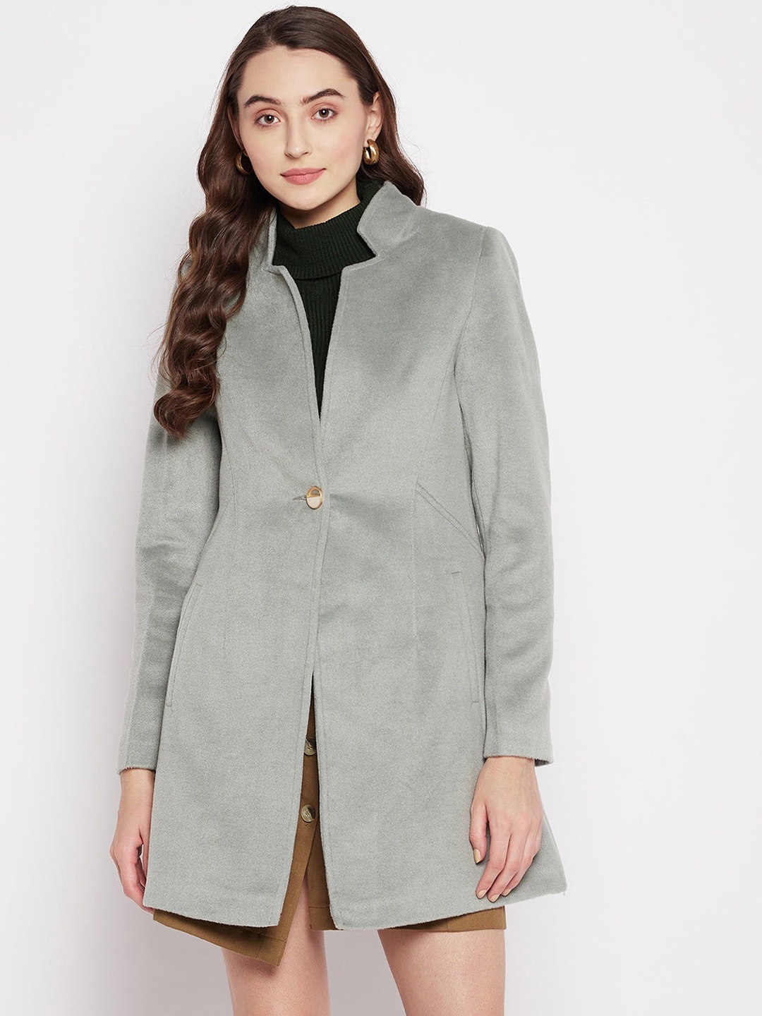 

Madame Women Mint-Green Casual Longline Cotton Overcoat, Sea green
