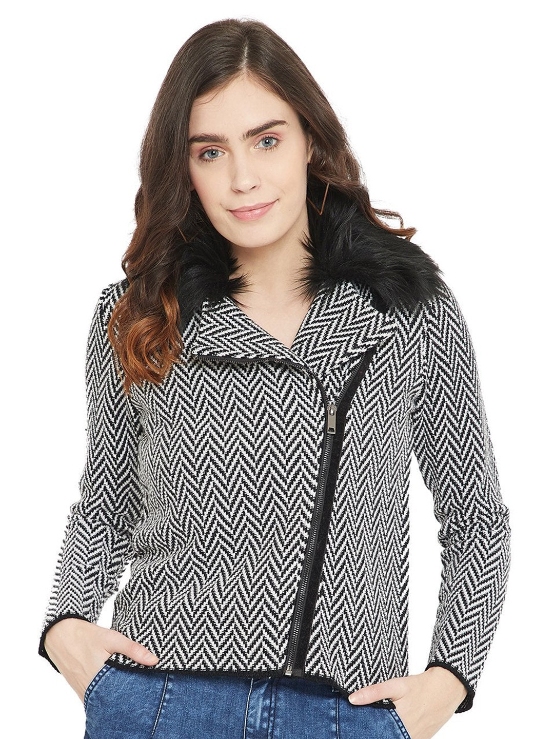 

Madame Women Black & White Chevron Printed Cardigan