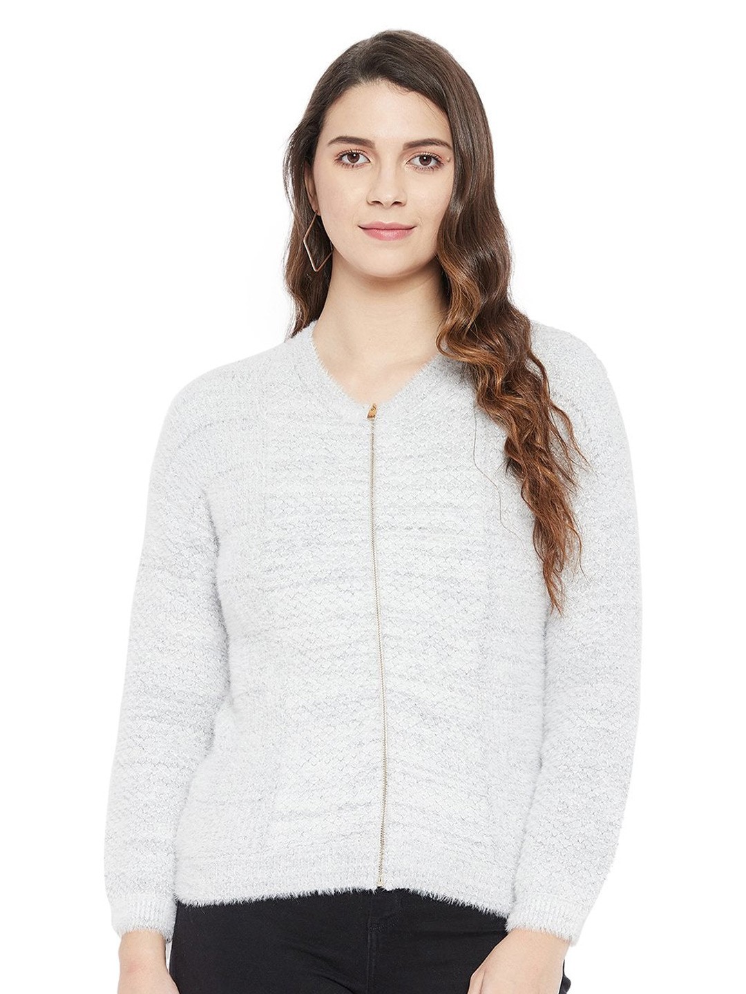 

Madame Women Grey Self Design Acrylic Cardigan