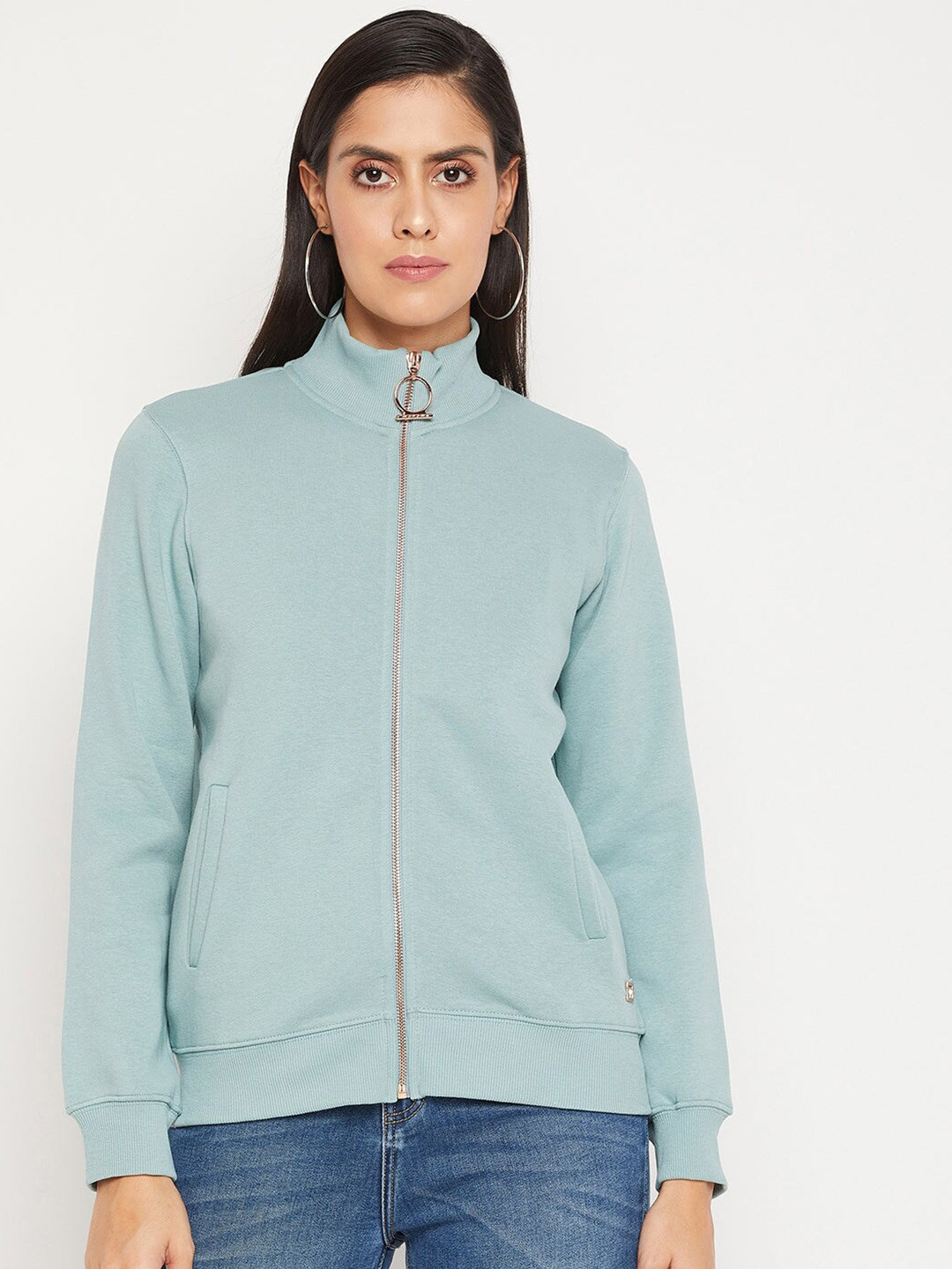 

Madame Women Sea Green Solid Cotton Sweatshirt