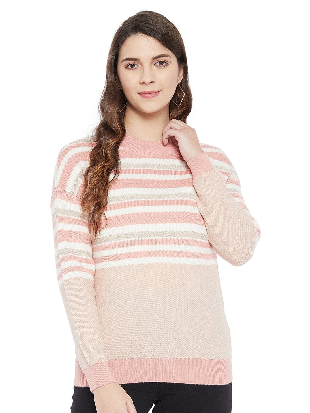 

Madame Women Peach & White Striped Acrylic Pullover