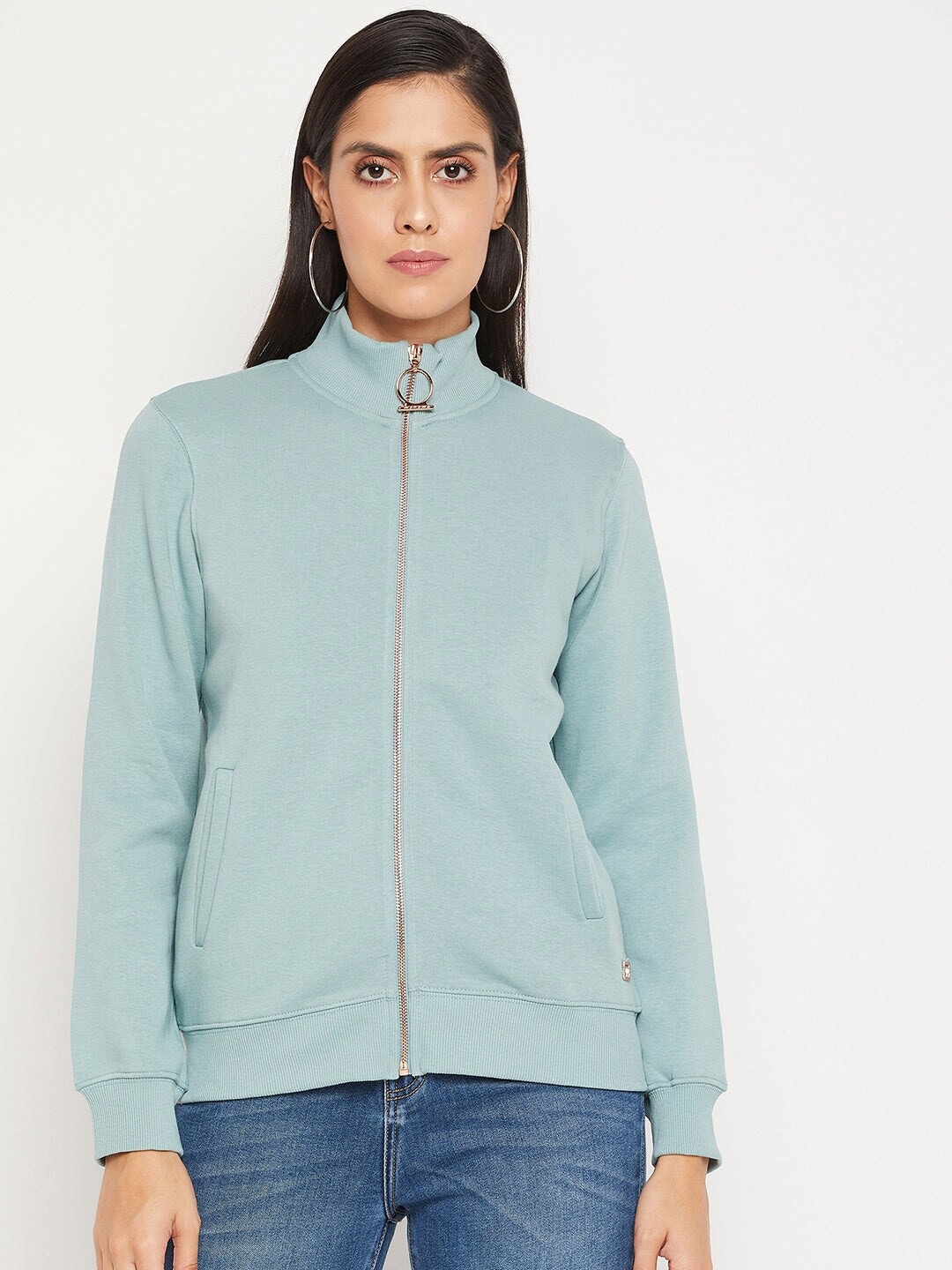 

Madame Women Sea Green Solid Cotton Sweatshirt