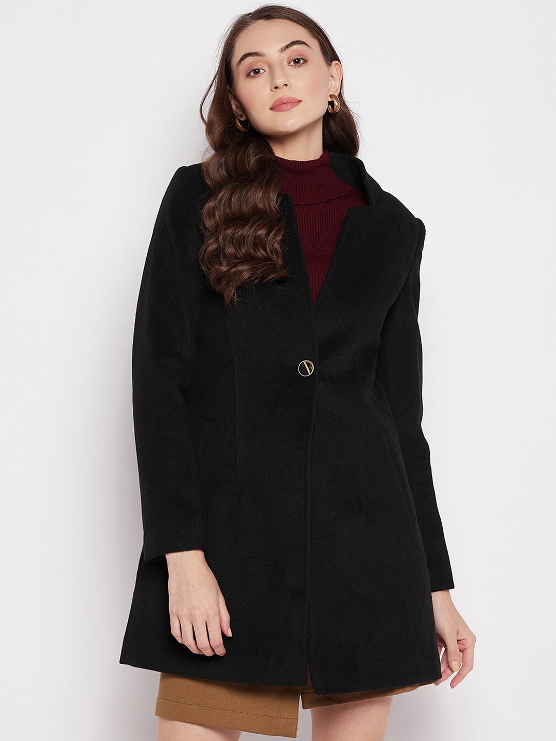 

Madame Women Black Solid Cotton Longline OverCoat