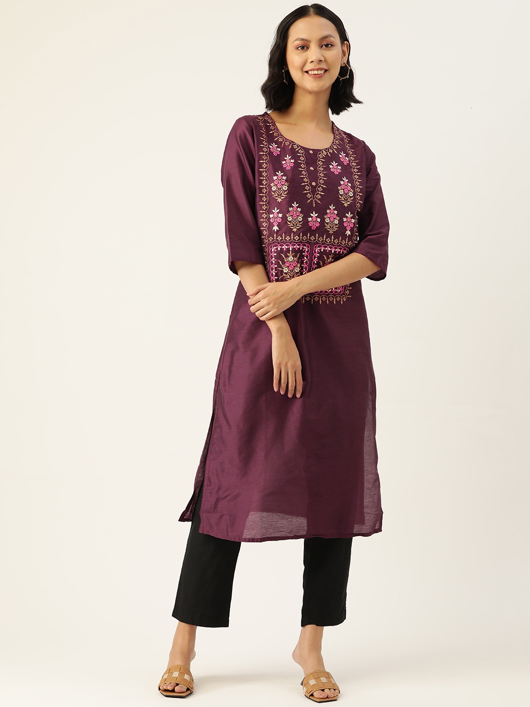 

ZIZO By Namrata Bajaj Women Purple Floral Embroidered Scoop Neck Thread Work Kurta