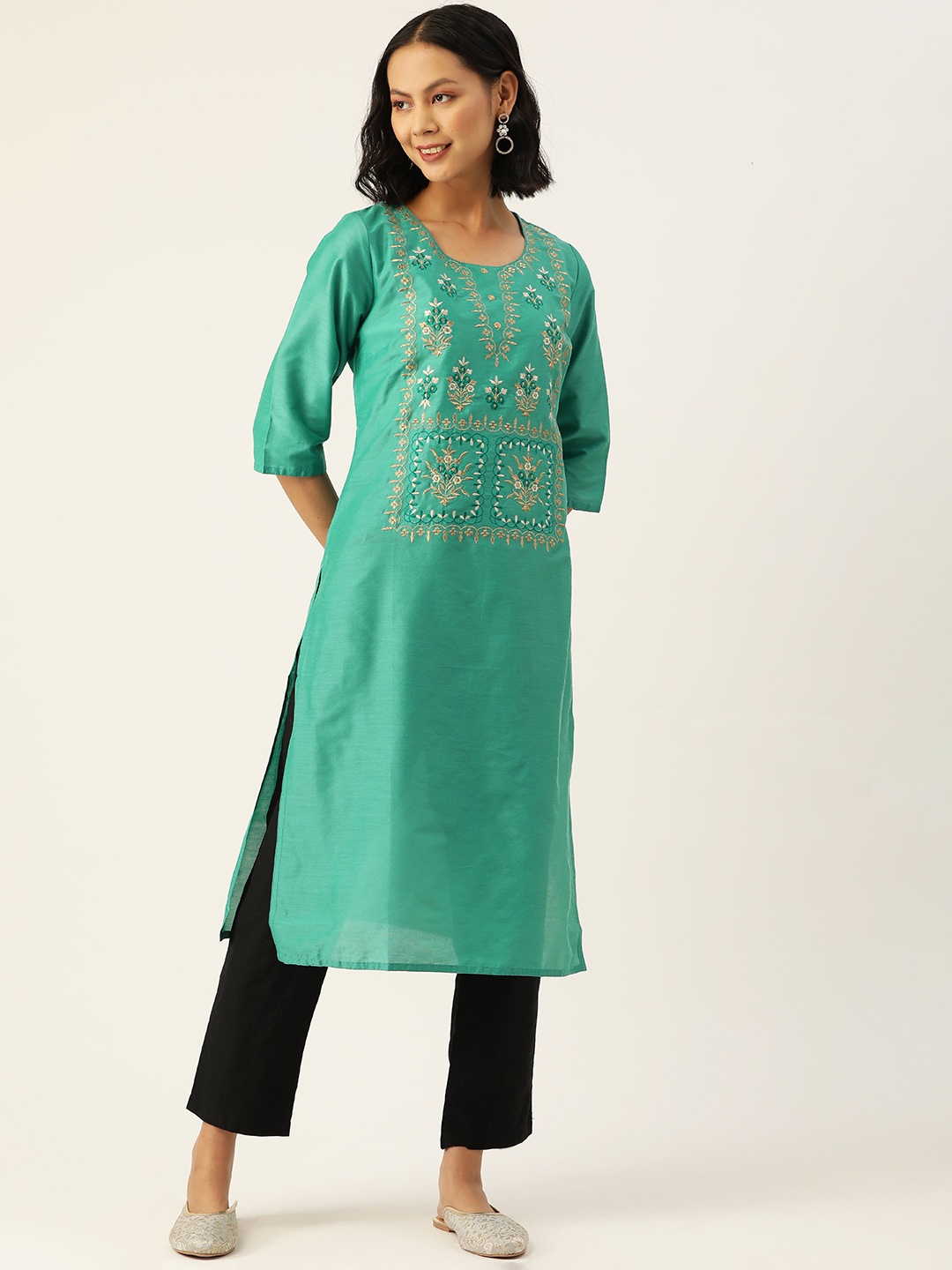 

ZIZO By Namrata Bajaj Women Green Floral Embroidered Kurta