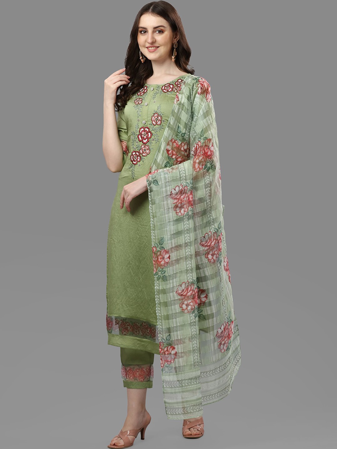 

Berrylicious Women Green Floral Embroidered Thread Work Chanderi Cotton Kurta with Trousers & With Dupatta