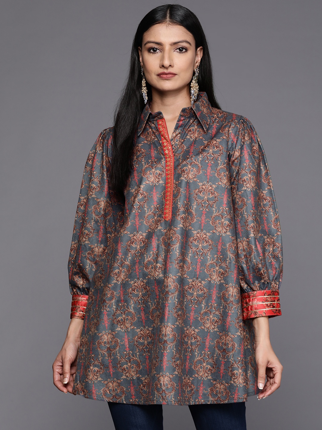 

Ahalyaa Womens Grey Shirt Collar Velvet Printed Tunic