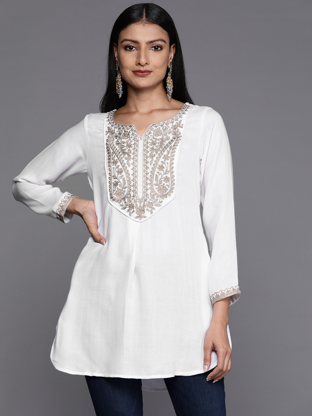 

Ahalyaa White Embroidered Pashmina Tunic