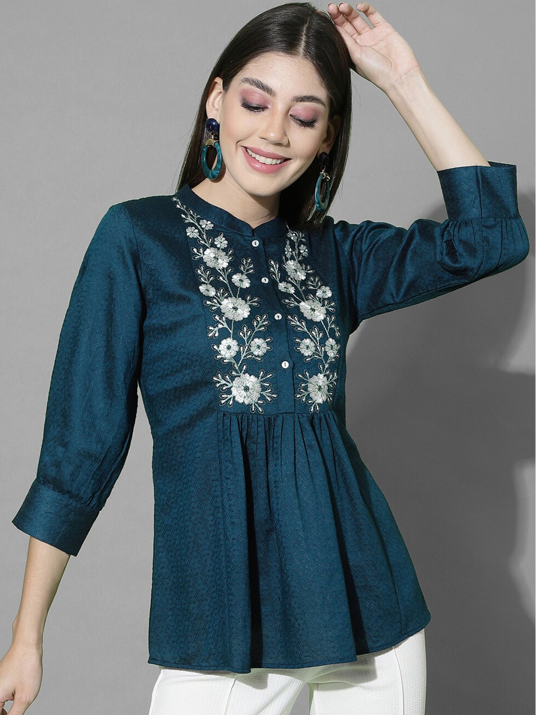 

Selvia Teal Floral Embroidered Mandarin Collar Top