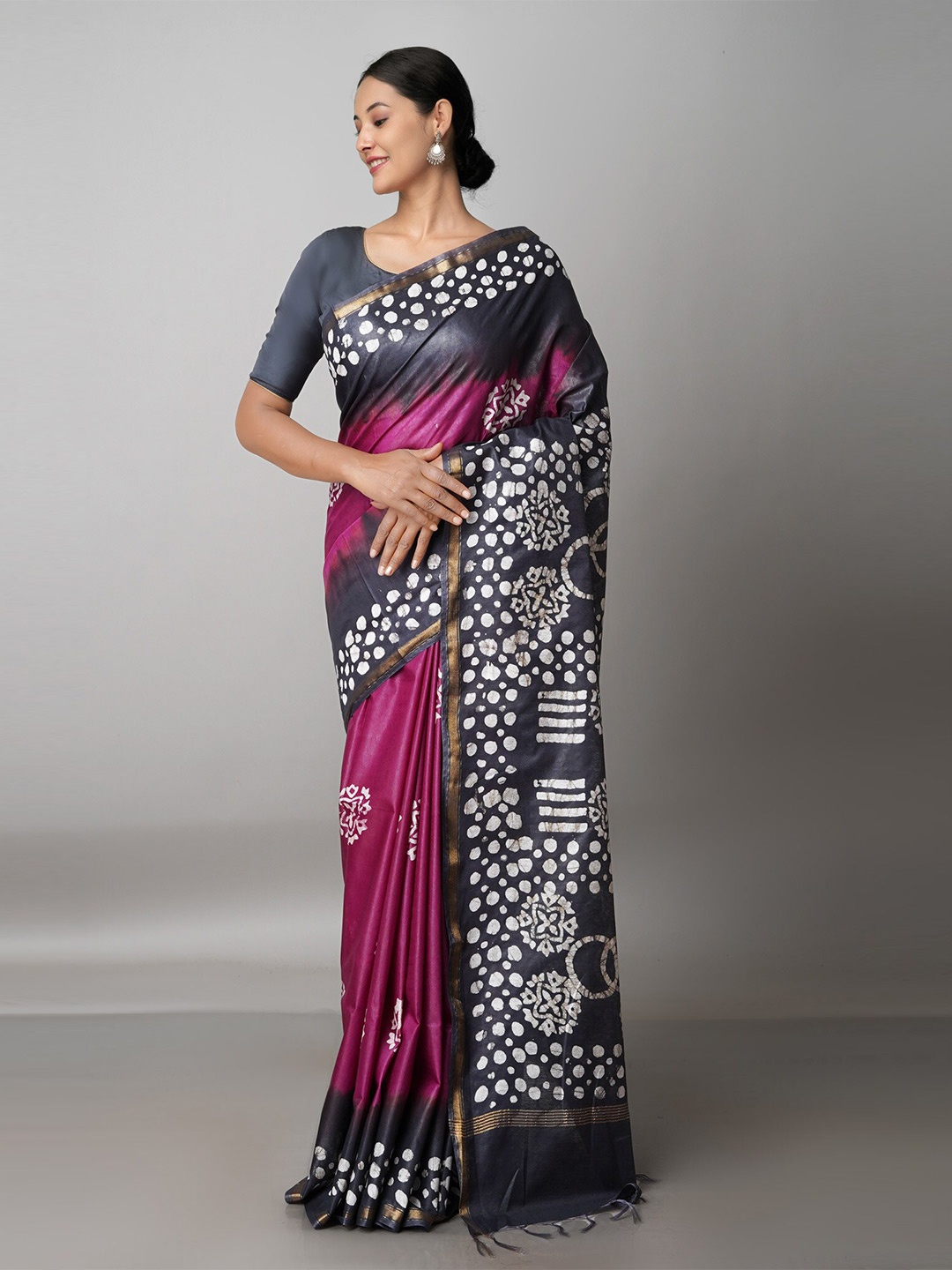 

Unnati Silks Purple & Grey Batik Zari Pure Silk Chanderi Saree