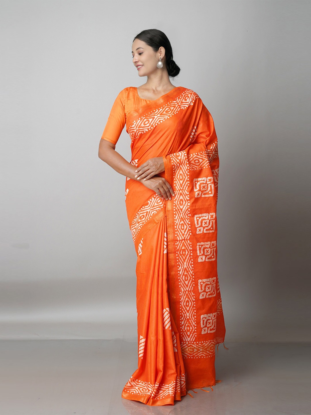 

Unnati Silks Orange & Off White Batik Pure Silk Chanderi Saree
