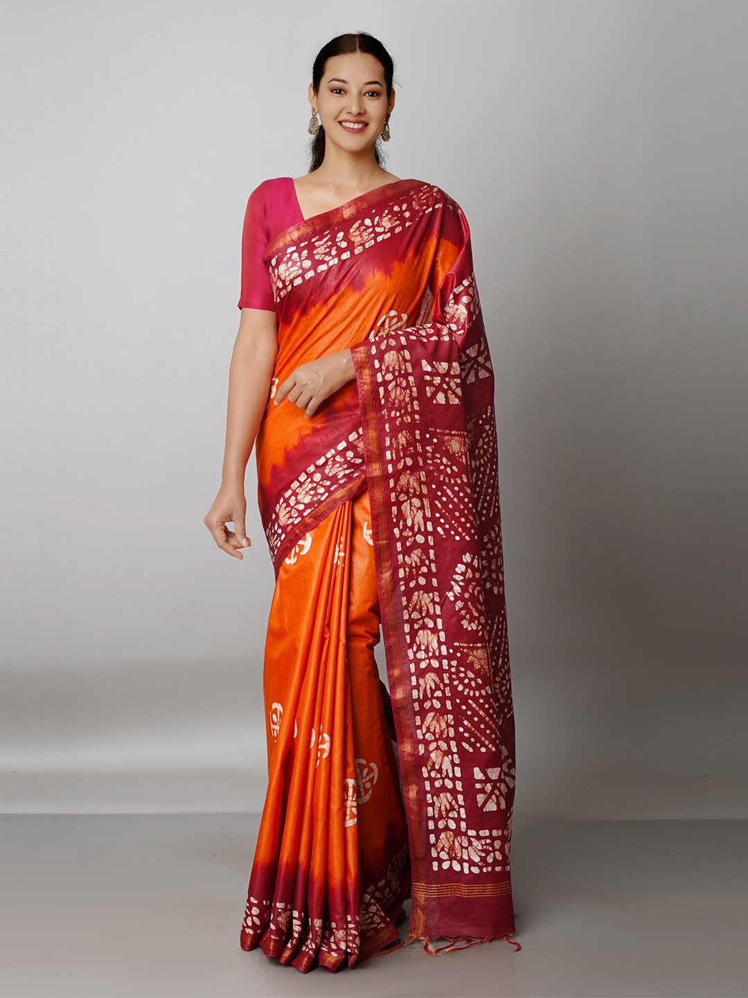 

Unnati Silks Orange & Maroon Batik Zari Pure Silk Chanderi Saree