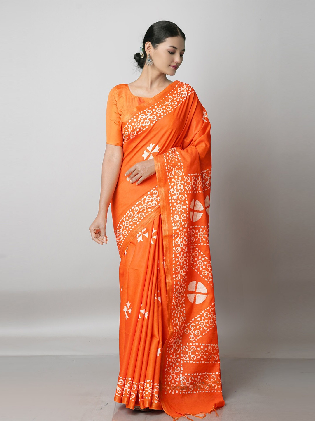 

Unnati Silks Orange & White Batik Zari Pure Silk Chanderi Saree