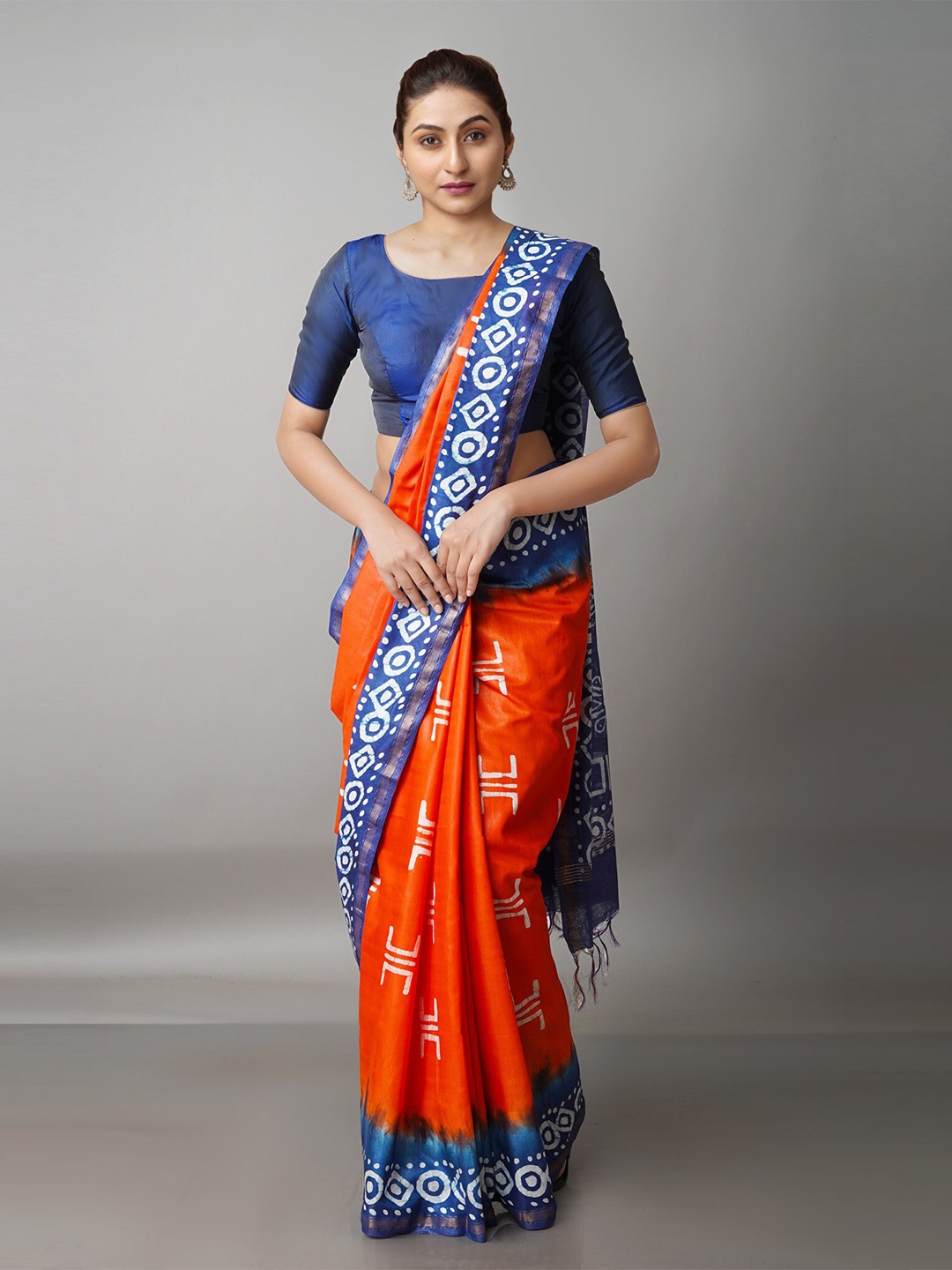 

Unnati Silks Orange & Blue Batik Pure Silk Chanderi Saree