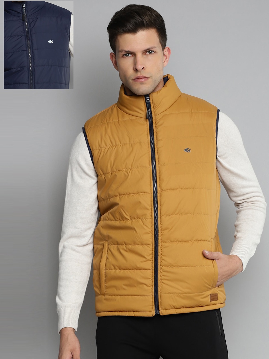 

Allen Cooper Men Navy Blue & Mustard Yellow Reversible Sleeveless Quilted Jacket