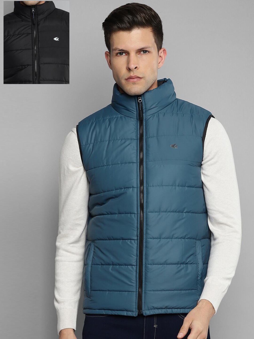 

Allen Cooper Men Teal Blue & Black Reversible Sleeveless Quilted Jacket