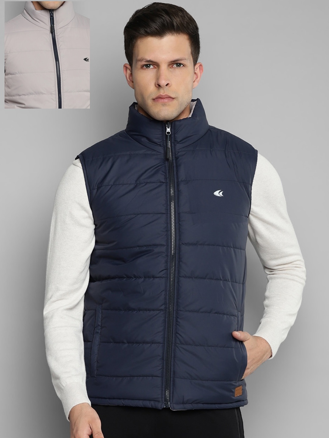

Allen Cooper Men Navy Blue & Grey Reversible Sleeveless Quilted Jacket