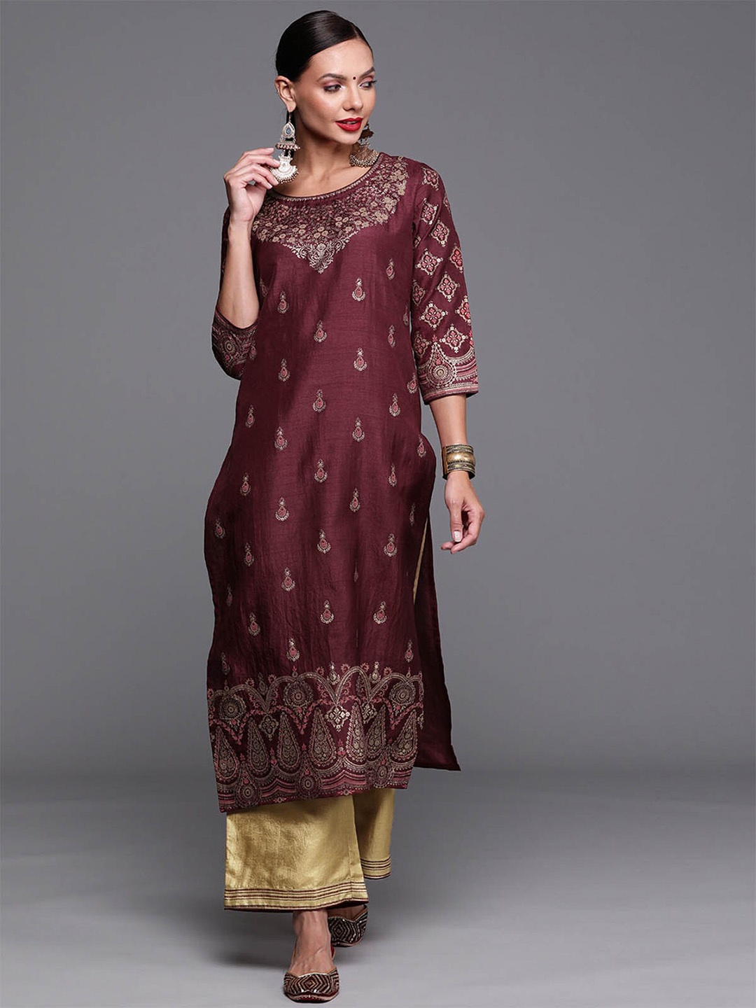 

ODETTE Women Maroon Ethnic Motifs Printed Kurta with Palazzos