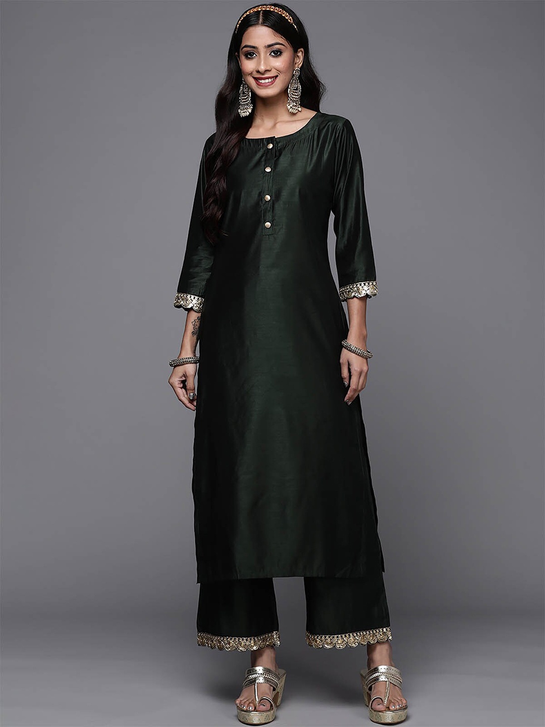 

ODETTE Women Green Gotta Patti Kurta with Palazzos
