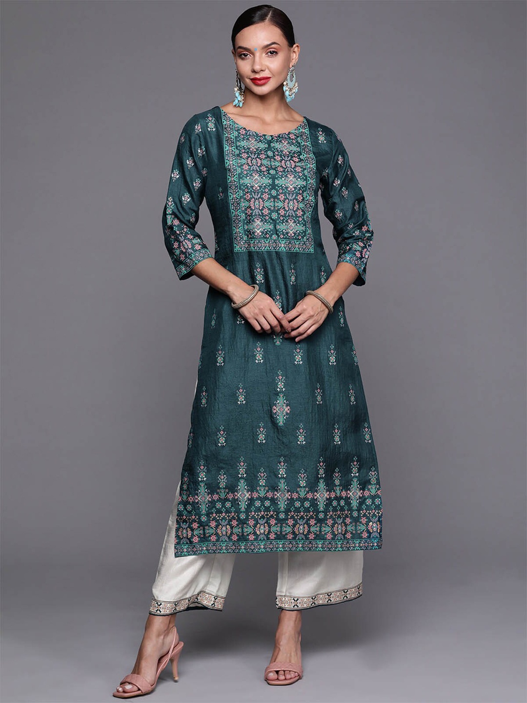 

ODETTE Women Teal Floral Printed Kurta with Palazzos