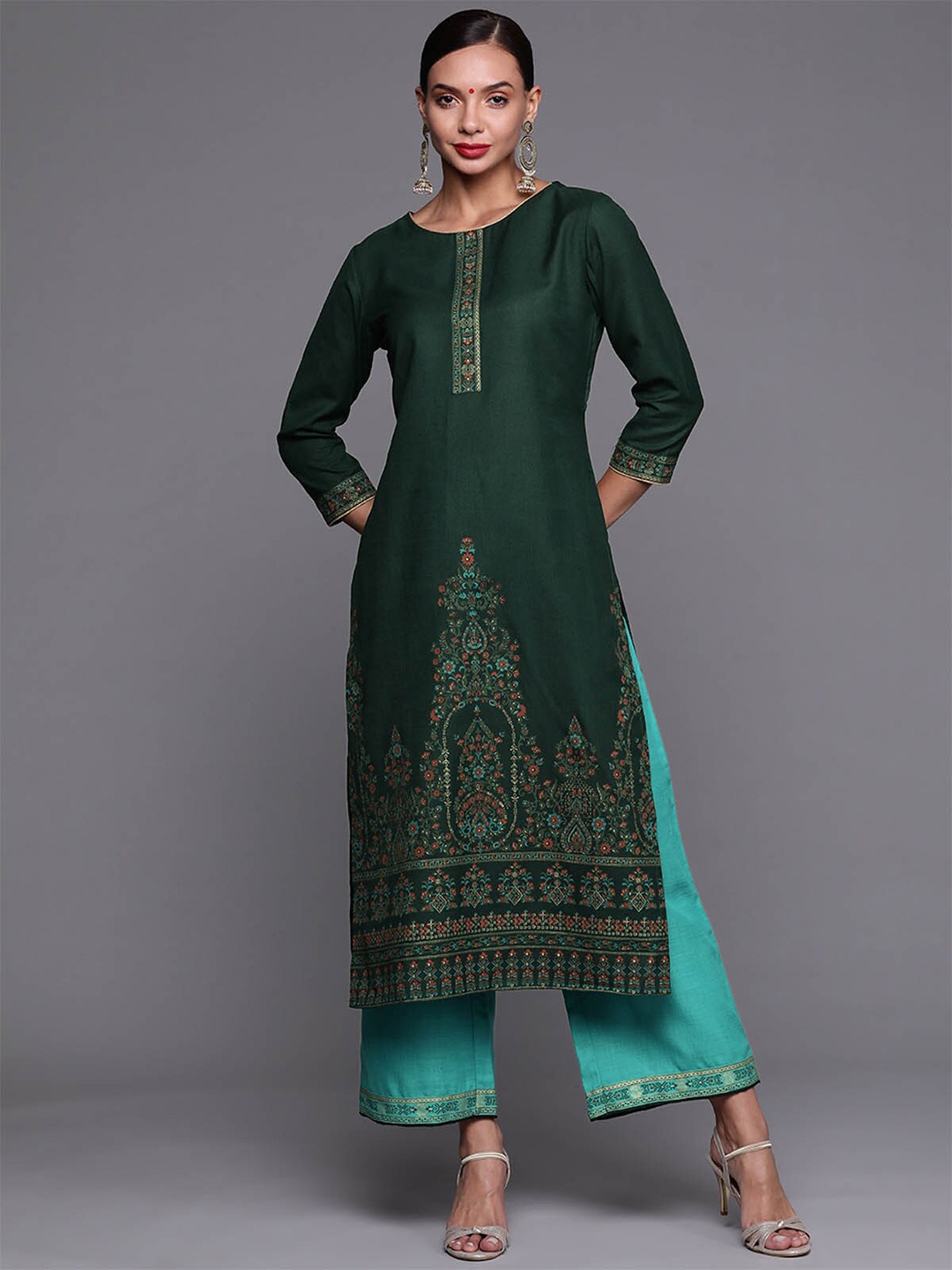 

ODETTE Women Green Ethnic Motifs Printed Kurta with Palazzos