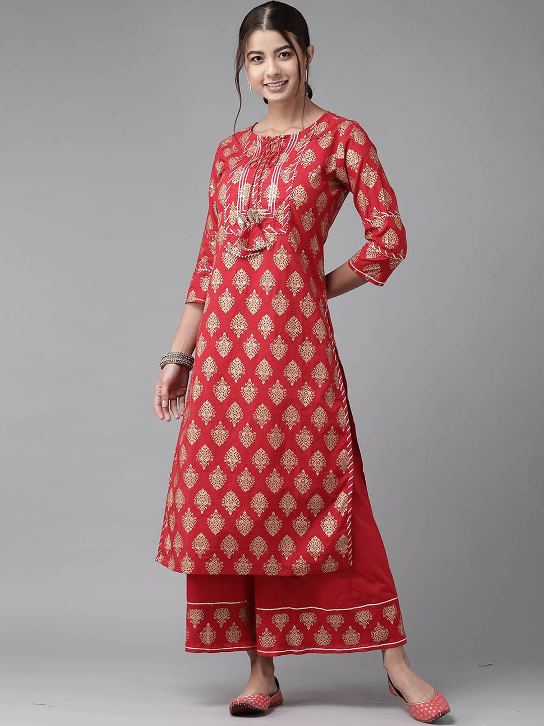 

ODETTE Women Red Ethnic Motifs Printed Pure Cotton Kurta with Palazzos