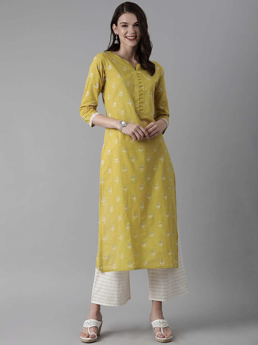 

ODETTE Women Olive Green Floral Printed Kurta with Palazzos