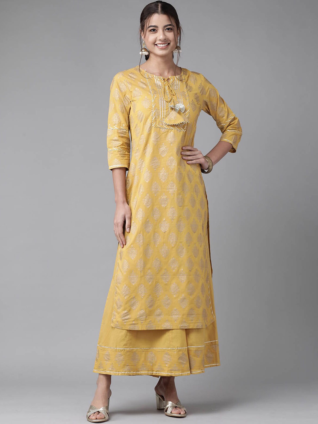 

ODETTE Women Yellow Ethnic Motifs Printed Gotta Patti Kurta with Palazzos