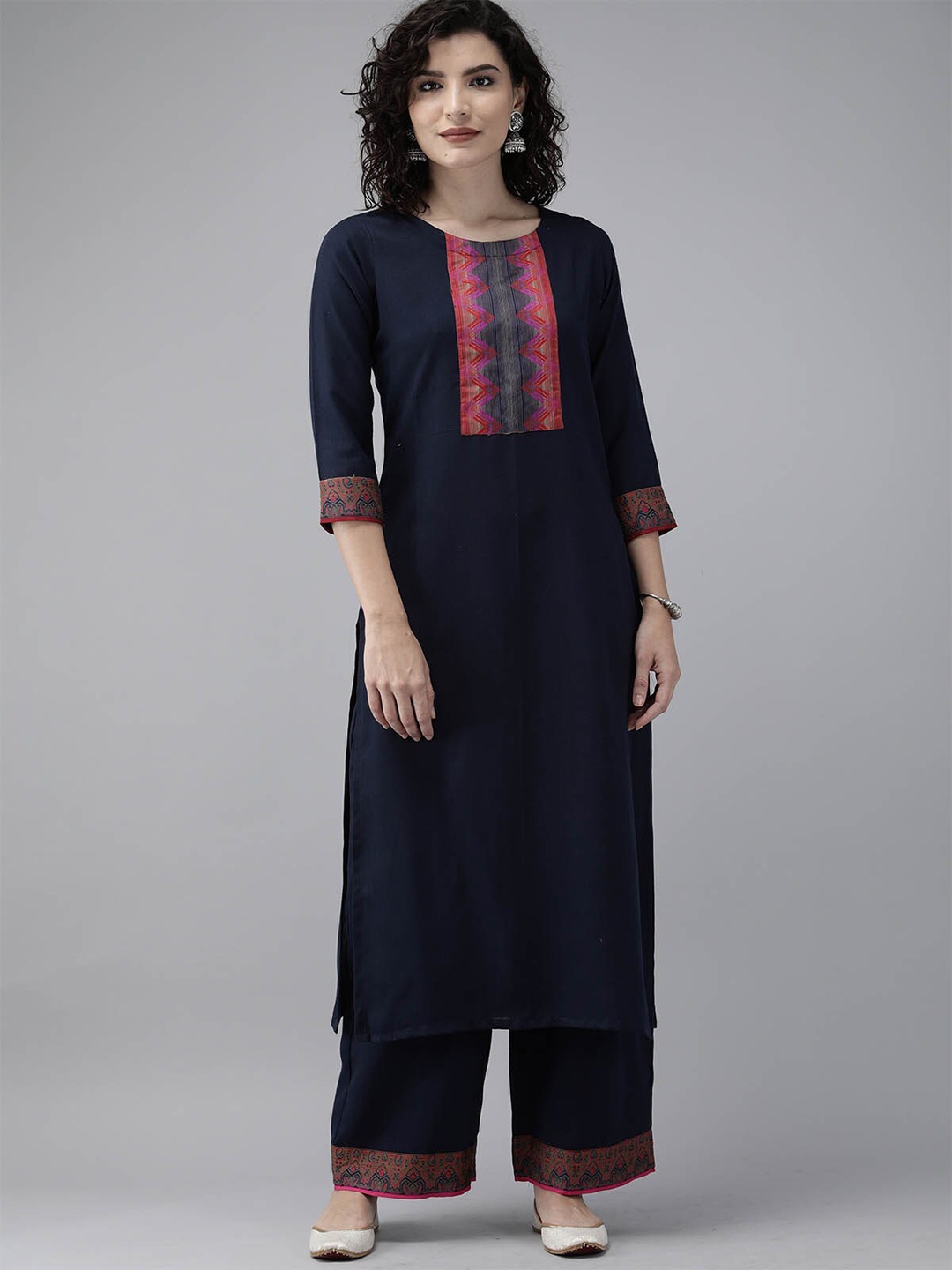 

ODETTE Women Navy Blue Patchwork Kurta with Palazzos