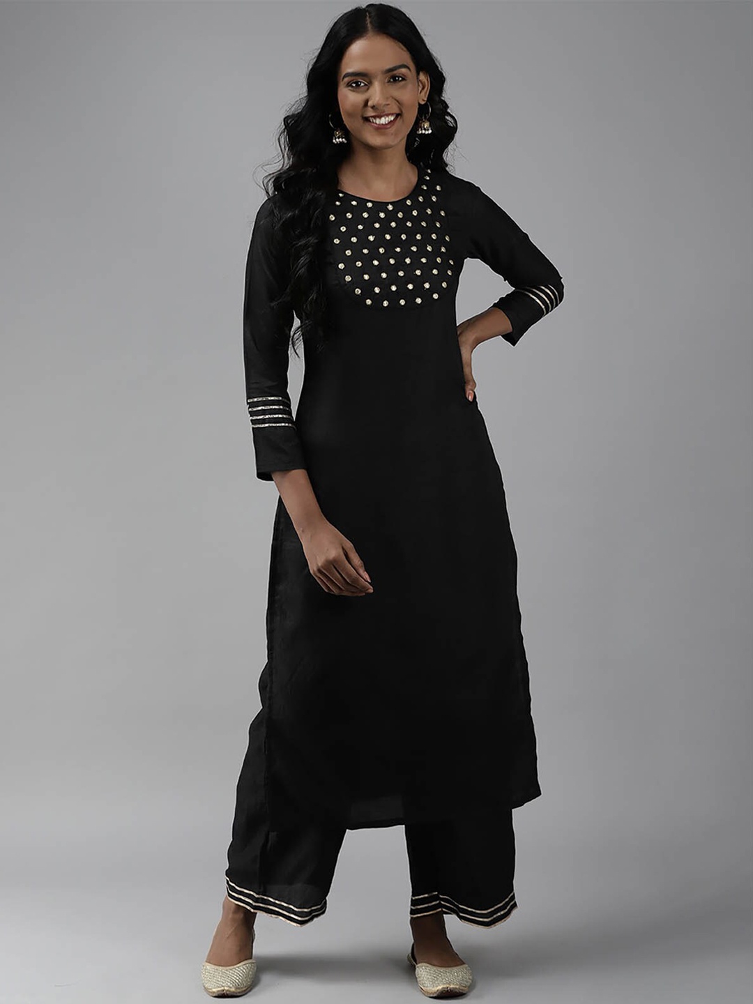 

ODETTE Women Black Mirror Work Kurta with Palazzos