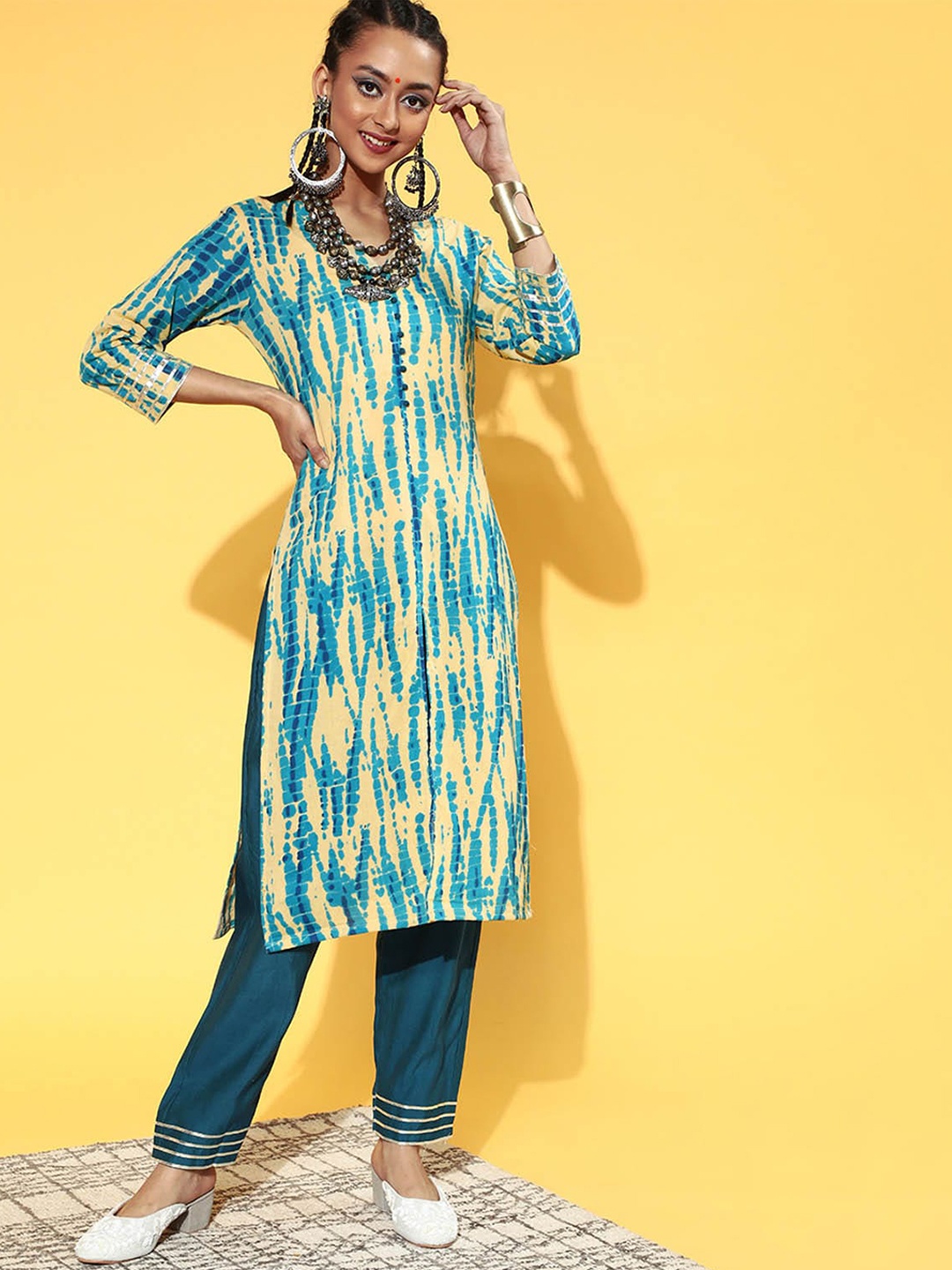 

ODETTE Women Blue Printed Kurta with Trousers