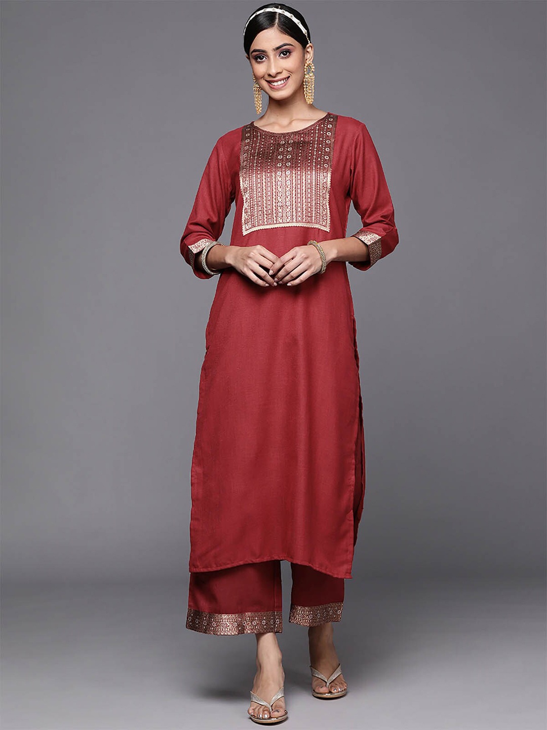 

ODETTE Women Maroon Floral Yoke Design Pure Cotton Kurta With Palazzos