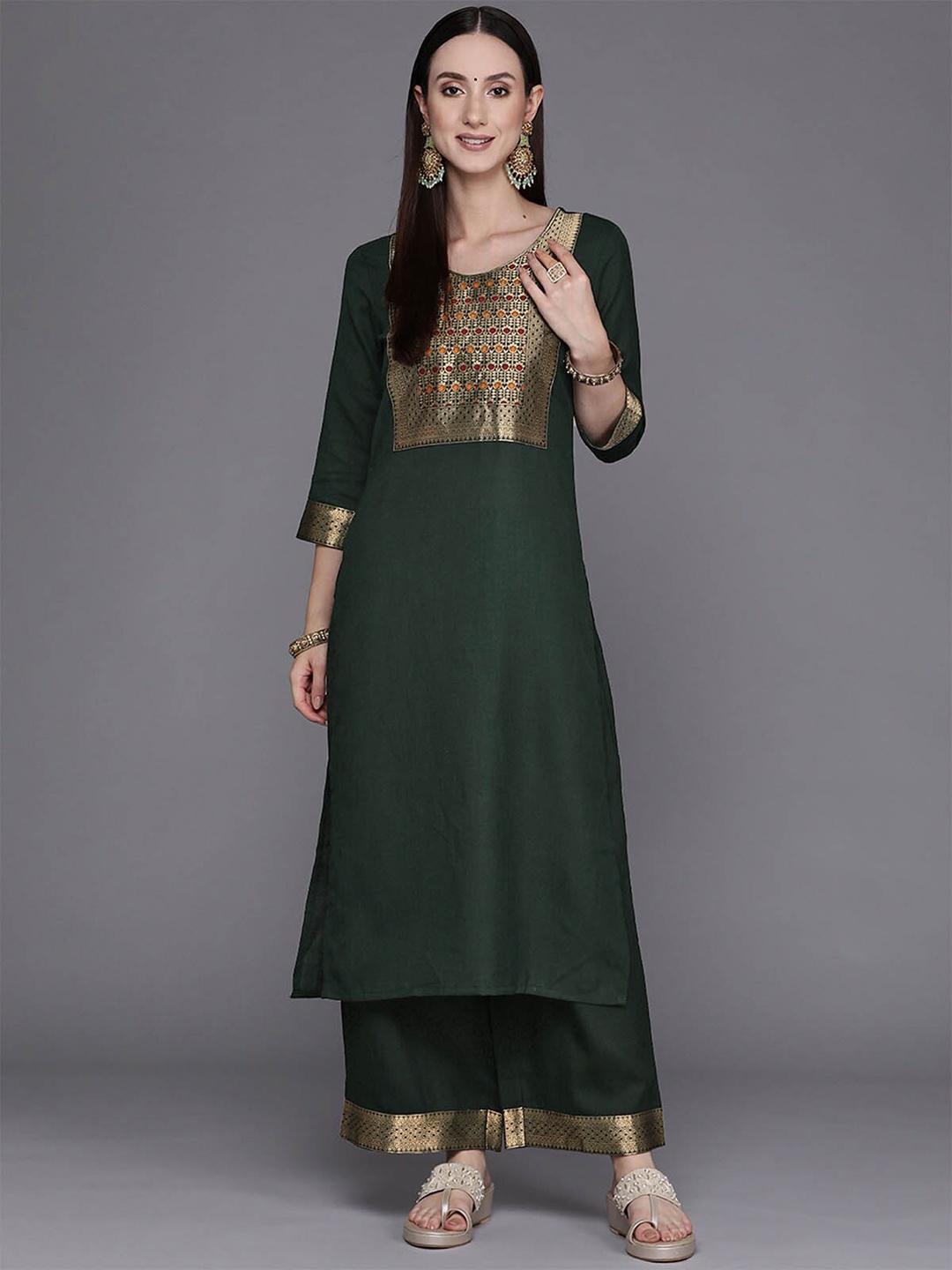 

ODETTE Women Green Floral Yoke Design Pure Cotton Kurta With Palazzos