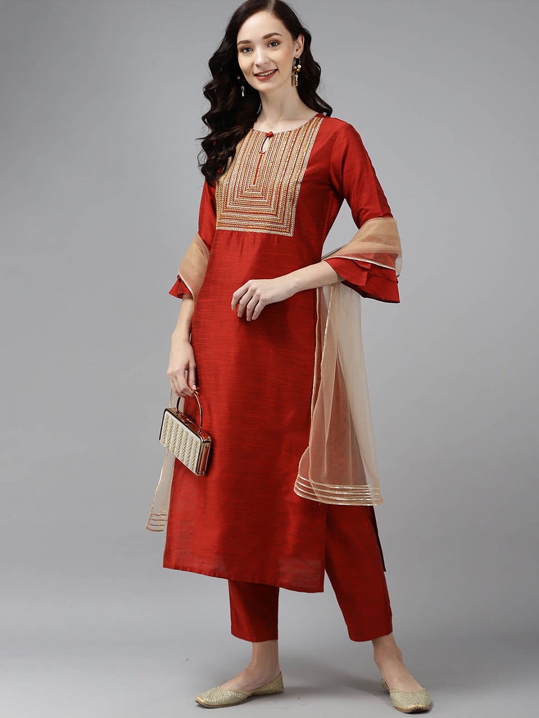 

ODETTE Women Orange Embroidered Gotta Patti Kurta with Trousers & With Dupatta