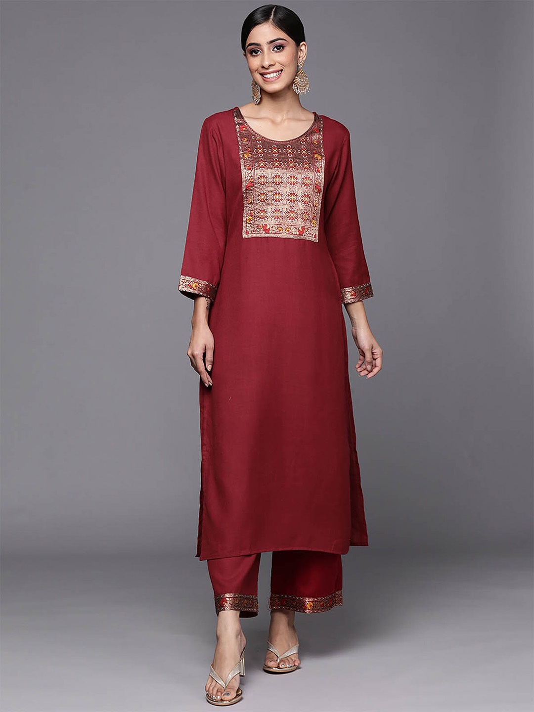

ODETTE Women Maroon Pure Cotton Kurta With Palazzos