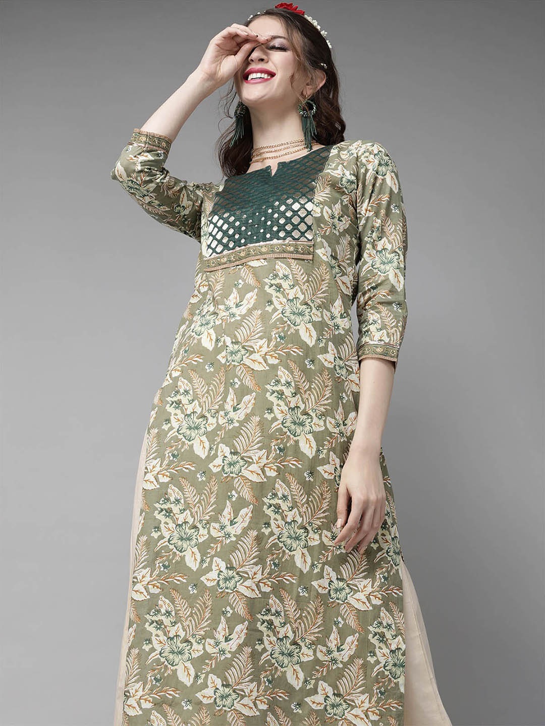 

ODETTE Women Olive Green Floral Printed Kurta With Palazzos