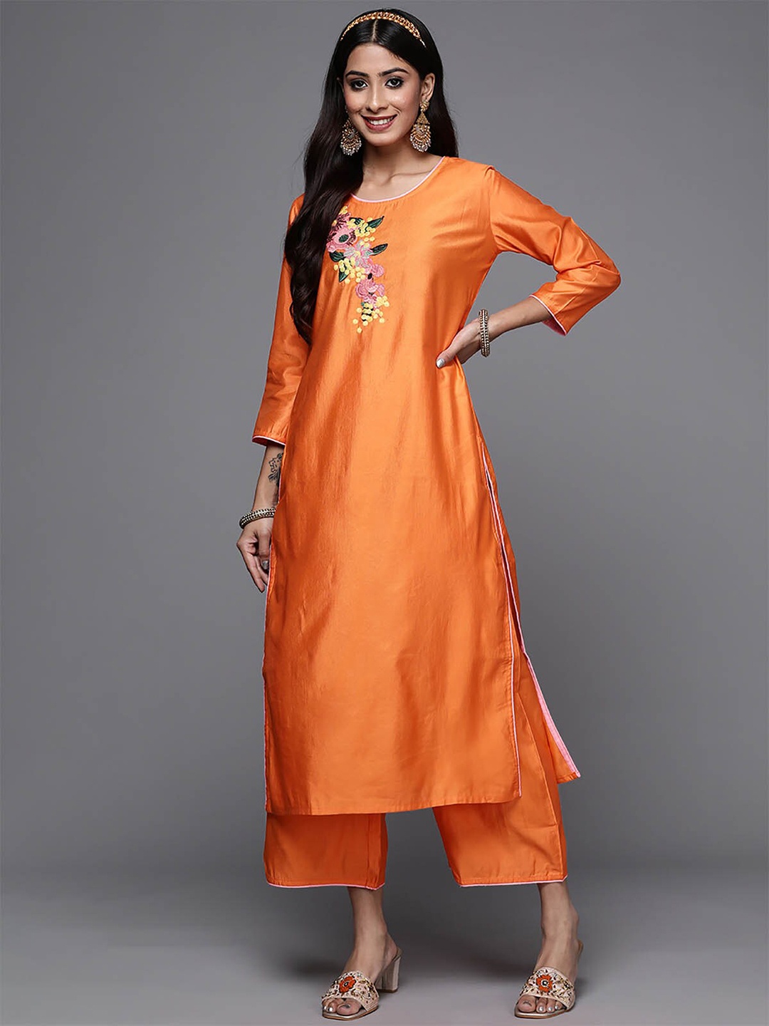 

ODETTE Women Orange Thread Work Kurta With Palazzos