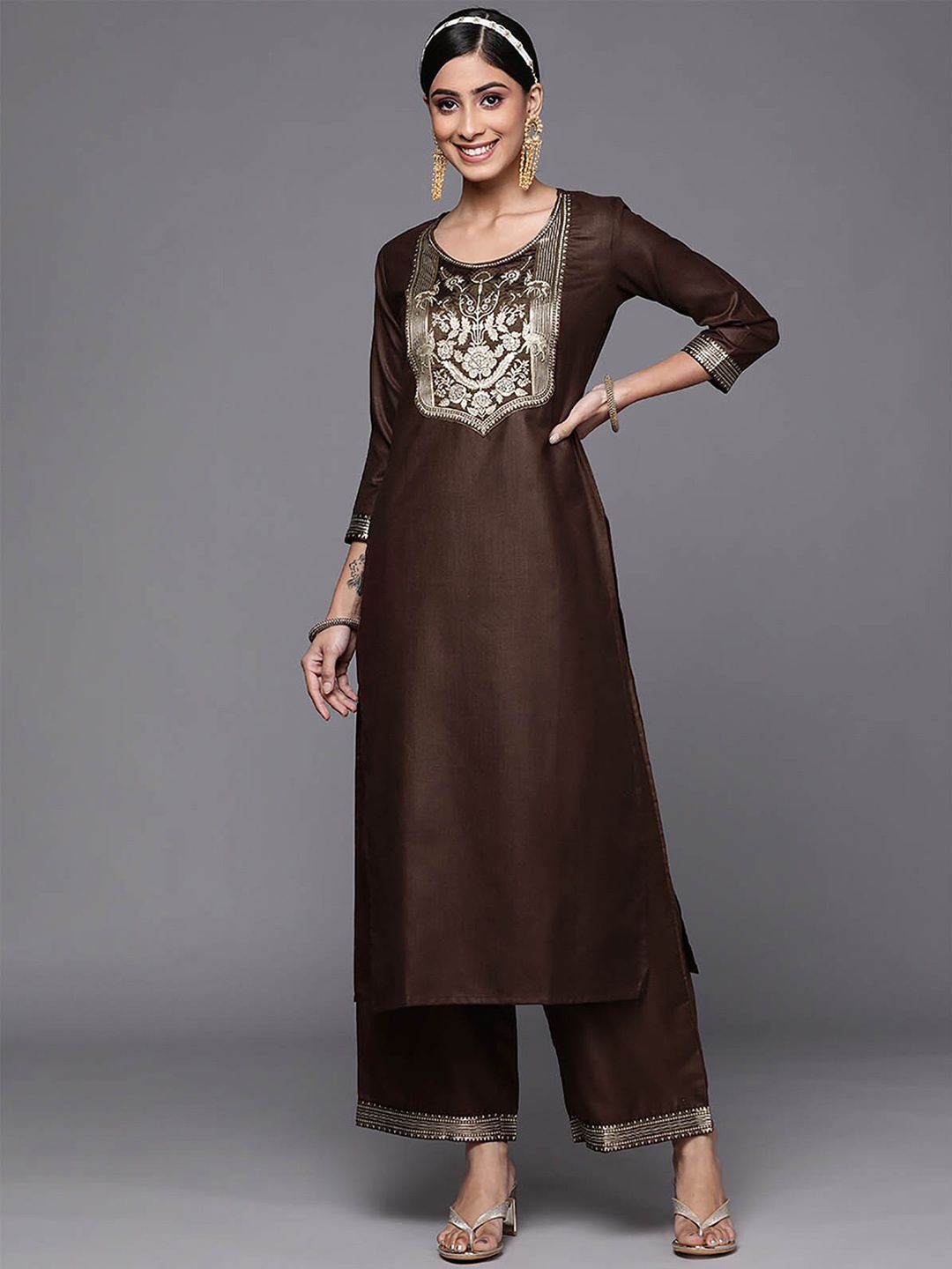 

ODETTE Women Brown Pure Cotton Kurta With Palazzos