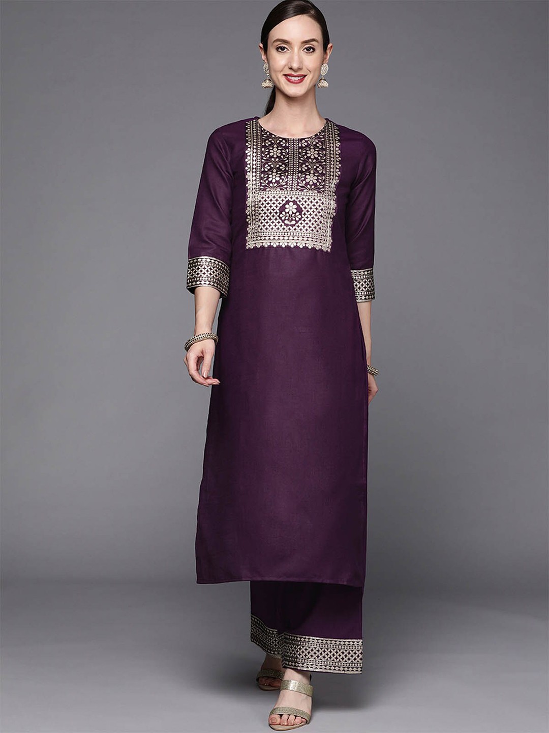 

ODETTE Women Violet Pure Cotton Kurta With Palazzos