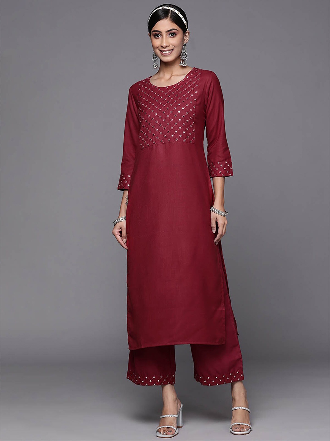 

ODETTE Women Maroon Ethnic Motifs Yoke Design Mirror Work Pure Cotton Kurta With Palazzos